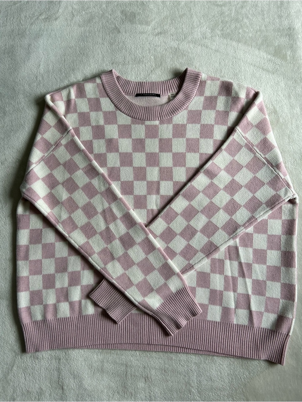 T Tahari Pink & Cream Checkerboard Crewneck Sweater